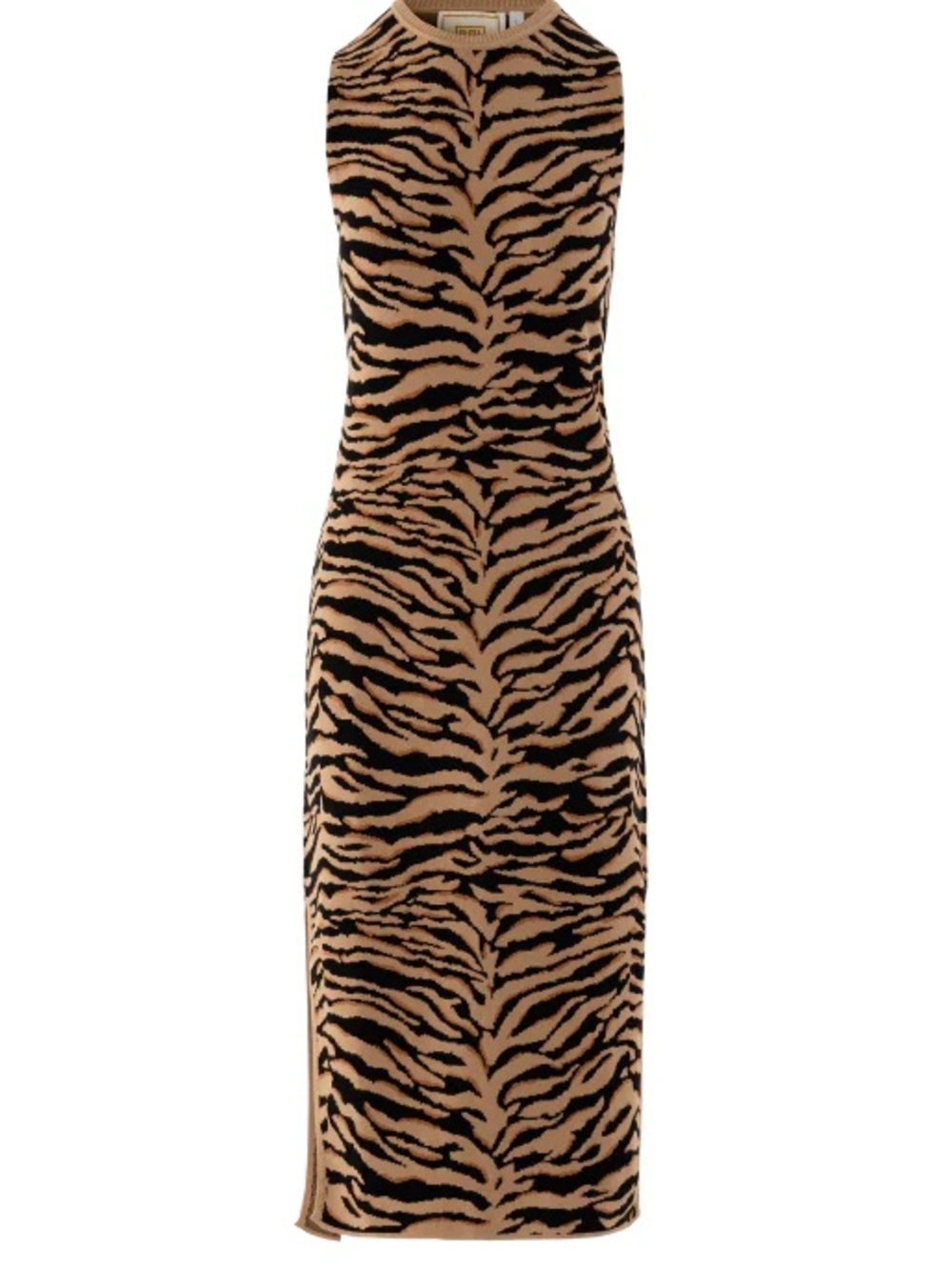 Sleeveless Tiger-Print Midi Dress in Tan & Black